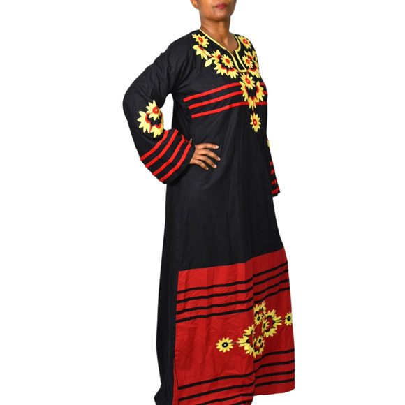 Egyptian Embroidered Caftan Dress Black Long Sleeve Cover Up Tunic Floral Large - Picture 2 of 15
